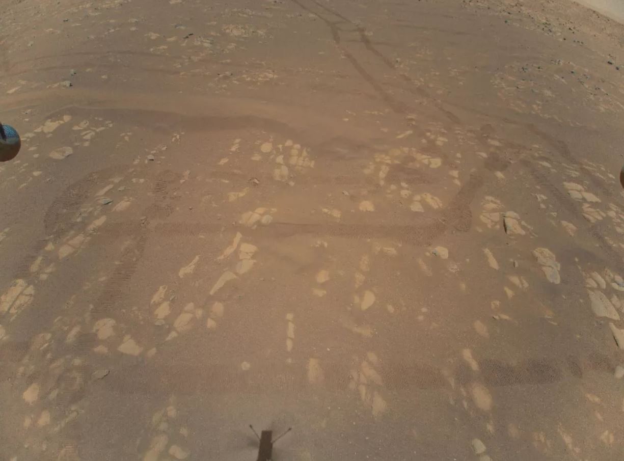 Esta foto, tomada el 22 de abril de 2021 por el helicóptero Mars Ingenuity de la NASA, muestra las huellas hechas por el rover Perseverance en el piso del cráter Jezero
