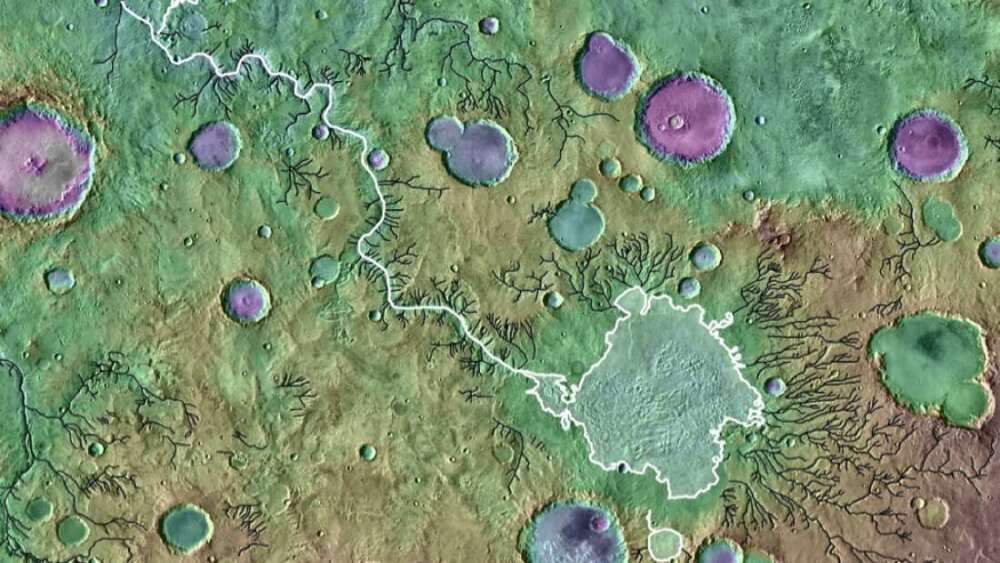 Una imagen topográfica coloreada que muestra los valles fluviales de Marte. El valle del Loira (línea blanca) se formó a partir del desbordamiento de un lago en la cuenca del Paraná (delineado en blanco). Las líneas negras indican otros valles fluviales formados por procesos distintos a los desbordes de lagos. La imagen tiene aproximadamente 650 km de ancho