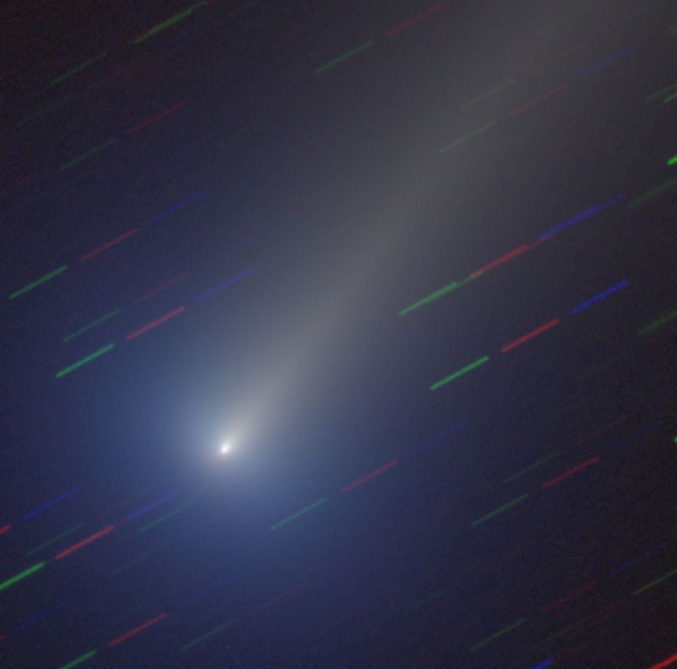 El cometa Leonard brilla intensamente en esta imagen del Centro de Coordinación de Objetos Cercanos a la Tierra de la Agencia Espacial Europea utilizando el telescopio Calar Alto Schmidt en España. Fue creado apilando 90 imágenes de exposición de 5 segundos del cometa tomadas el 7 de diciembre de 2021 una encima de la otra