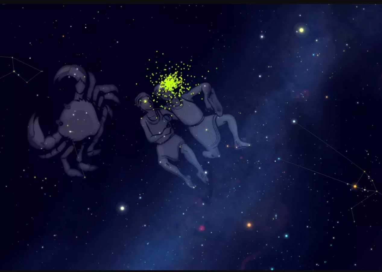 La lluvia de meteoros Gemínidas lleva el nombre de la constelación de Géminis, los gemelos, de donde parecen originarse los meteoros