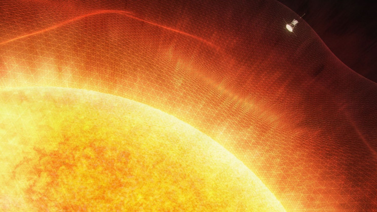 Representación artística de la sonda Parker Solar Probe de NASA rompiendo la corona solar