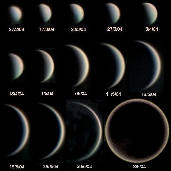 Una serie de fotos de Venus tomadas entre el 27 de febrero y el 8 de junio de 2004, que muestran las fases del planeta