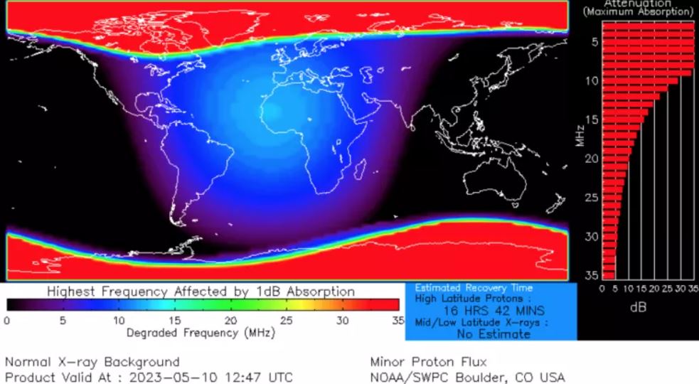 Imagen del Space Weather Prediction Center de la NOAA de los apagones polares del 10 de mayo