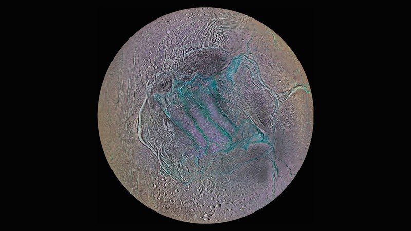 Esta vista del polo sur de Encélado se creó utilizando datos de la nave espacial Cassini de la NASA. Para el ojo humano, Encélado parece totalmente blanco, pero aquí se han incluido en color vistas infrarrojas y ultravioletas para resaltar las fracturas donde el océano subsuperficial de la luna se ventila hacia el espacio. Los respiraderos se denominan comúnmente "rayas de tigre". Crédito de imagen