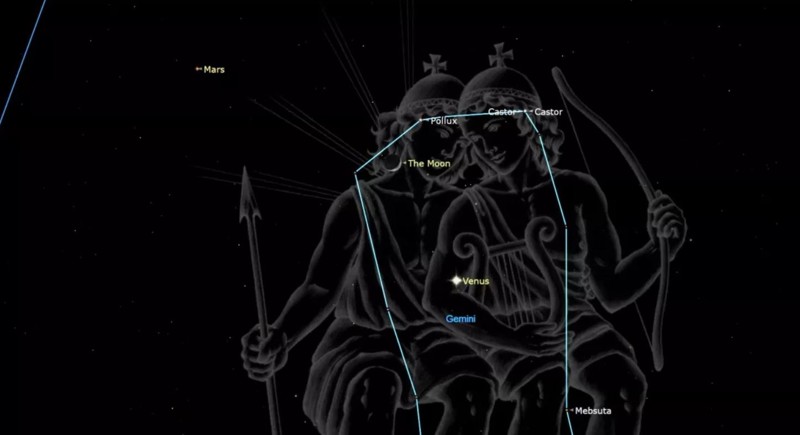 Diagrama del cielo nocturno el 23 de mayo de 2023, que muestra las ubicaciones de la luna creciente, Marte, Venus y algunas otras vistas celestiales