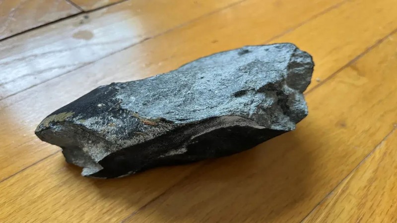 Imagen de primer plano del meteorito que se estrelló contra la casa de Hopewell, que muestra su superficie rugosa y su color natural