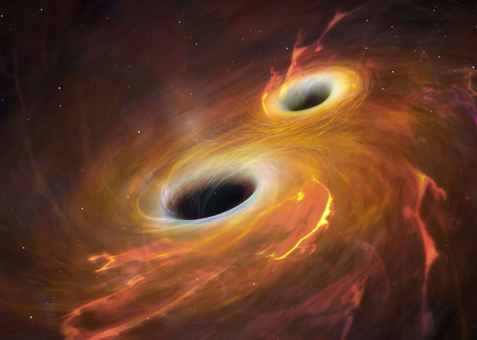 Representación artística de agujeros negros en colisión.