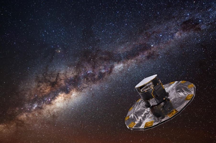 Vista artística del satélite Gaia frente a la Vía Láctea